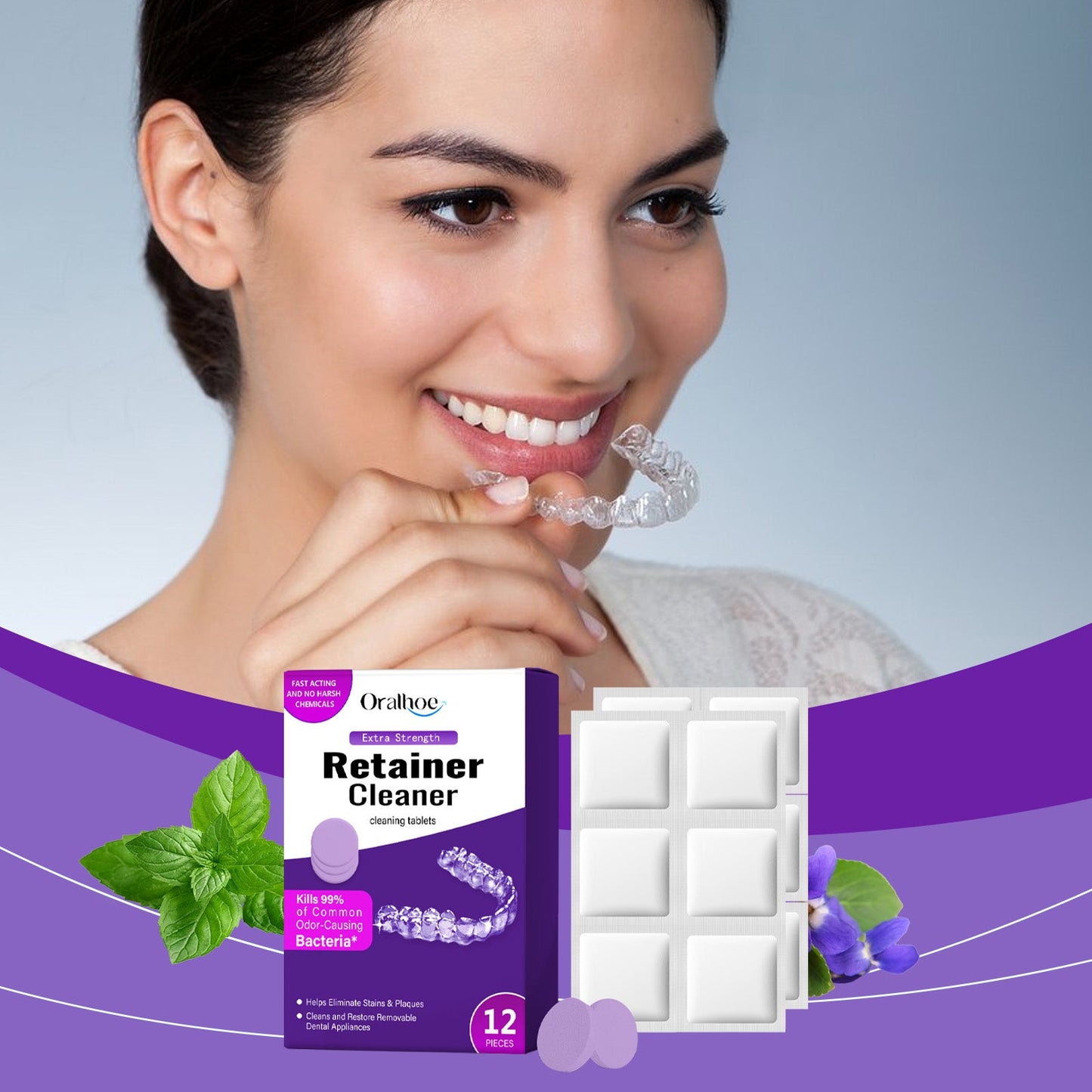 Oralhoe Purple Denture Retainer Cleaning Tablets Cleans stains, dental plaque buildup, and braces odor with cleaning tablets
