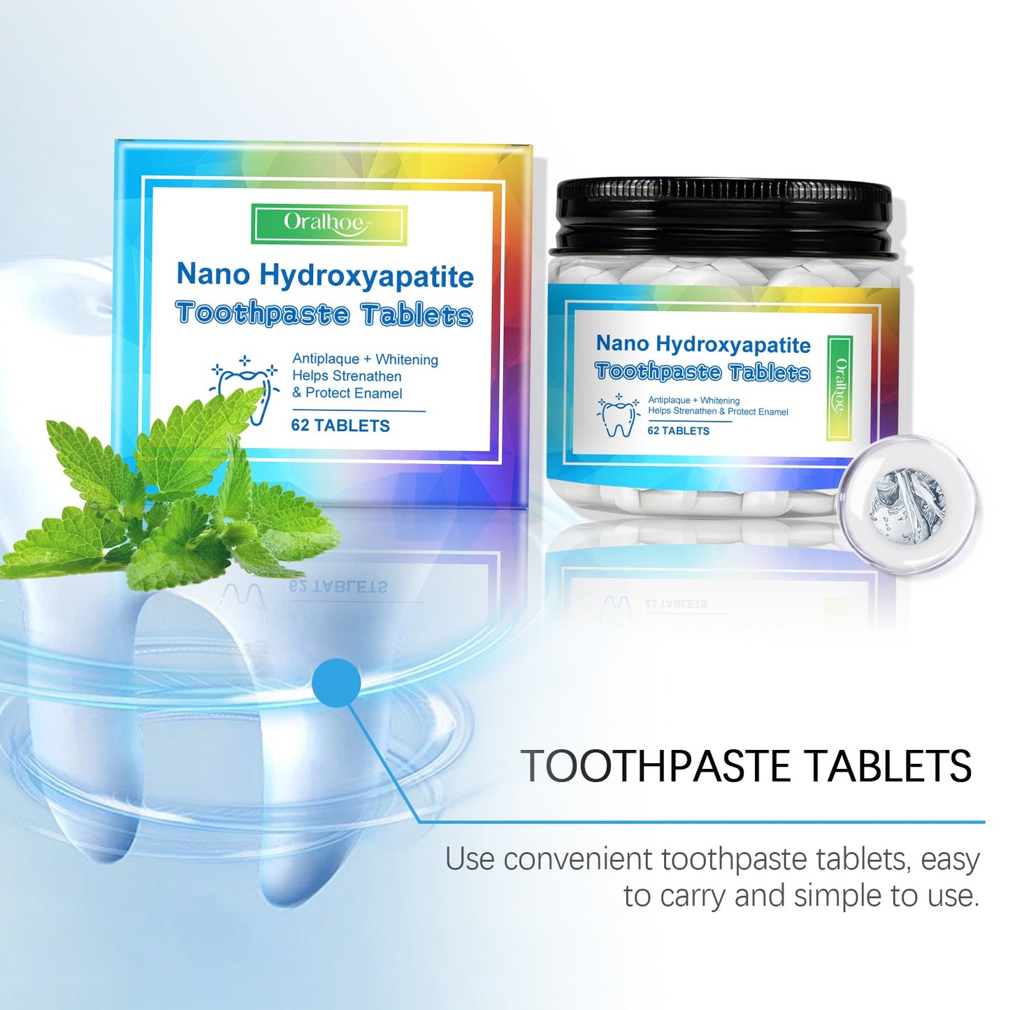 Oralhoe Mint toothpaste tablets Portable cleaning toothpaste tablets for fresh breath, stain removal, and odor elimination
