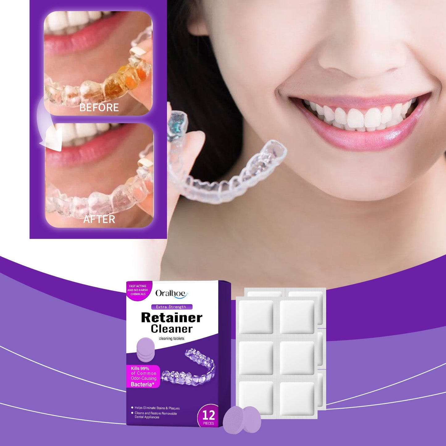 Oralhoe Purple Denture Retainer Cleaning Tablets Cleans stains, dental plaque buildup, and braces odor with cleaning tablets