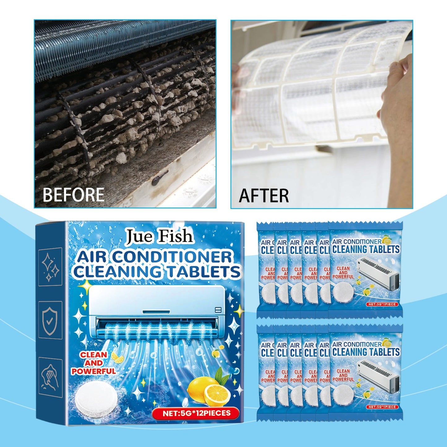 Jue-Fish Air conditioner cleaning effervescent tablets Air conditioner cleaning products, air conditioner care to keep the air fresh and hygienic