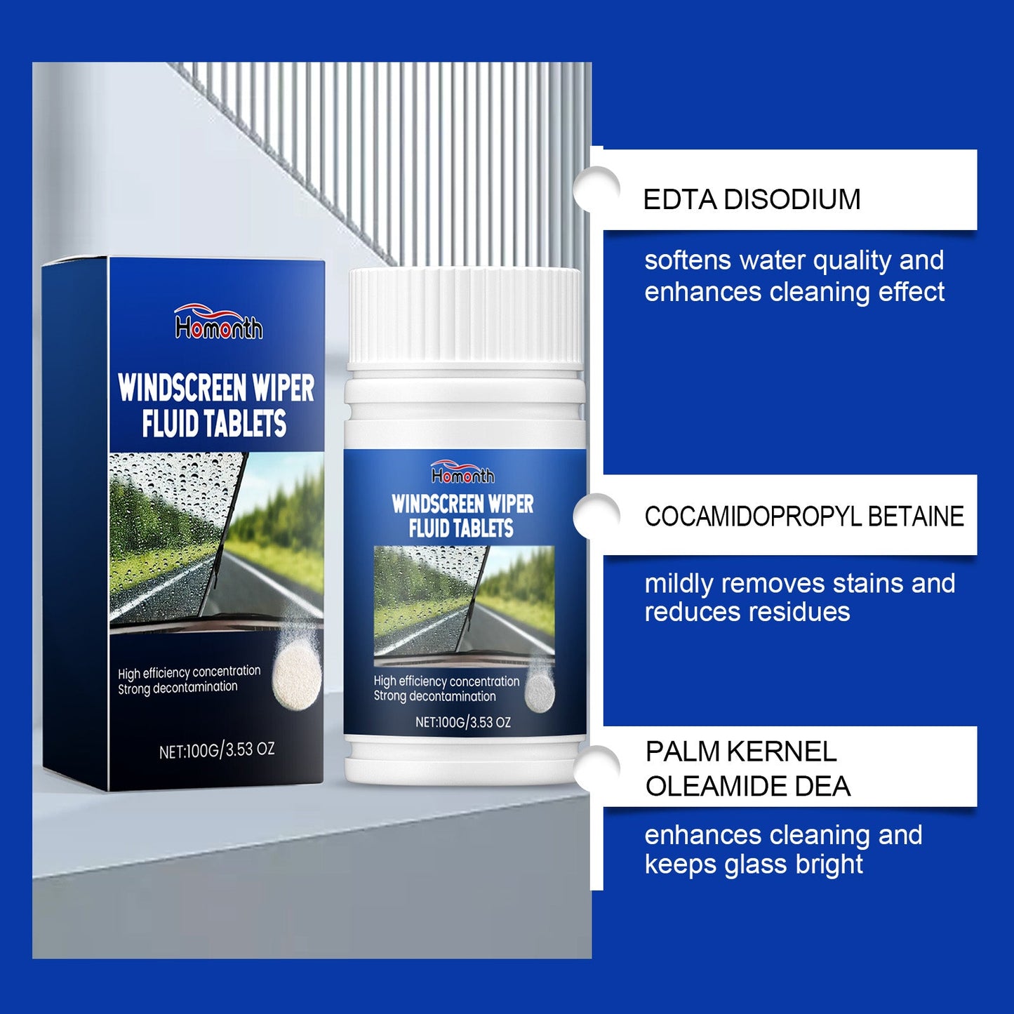 Homonth Car windshield cleaning effervescent tablets Removes stains and oil film, cleans windshield for a clear and bright finish