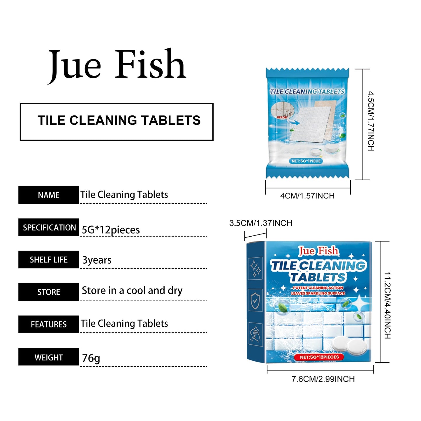 Jue-Fish Tile cleaning effervescent tablets Toilet and sink wall tile stain remover, descaler, and brightening cleaning tablets