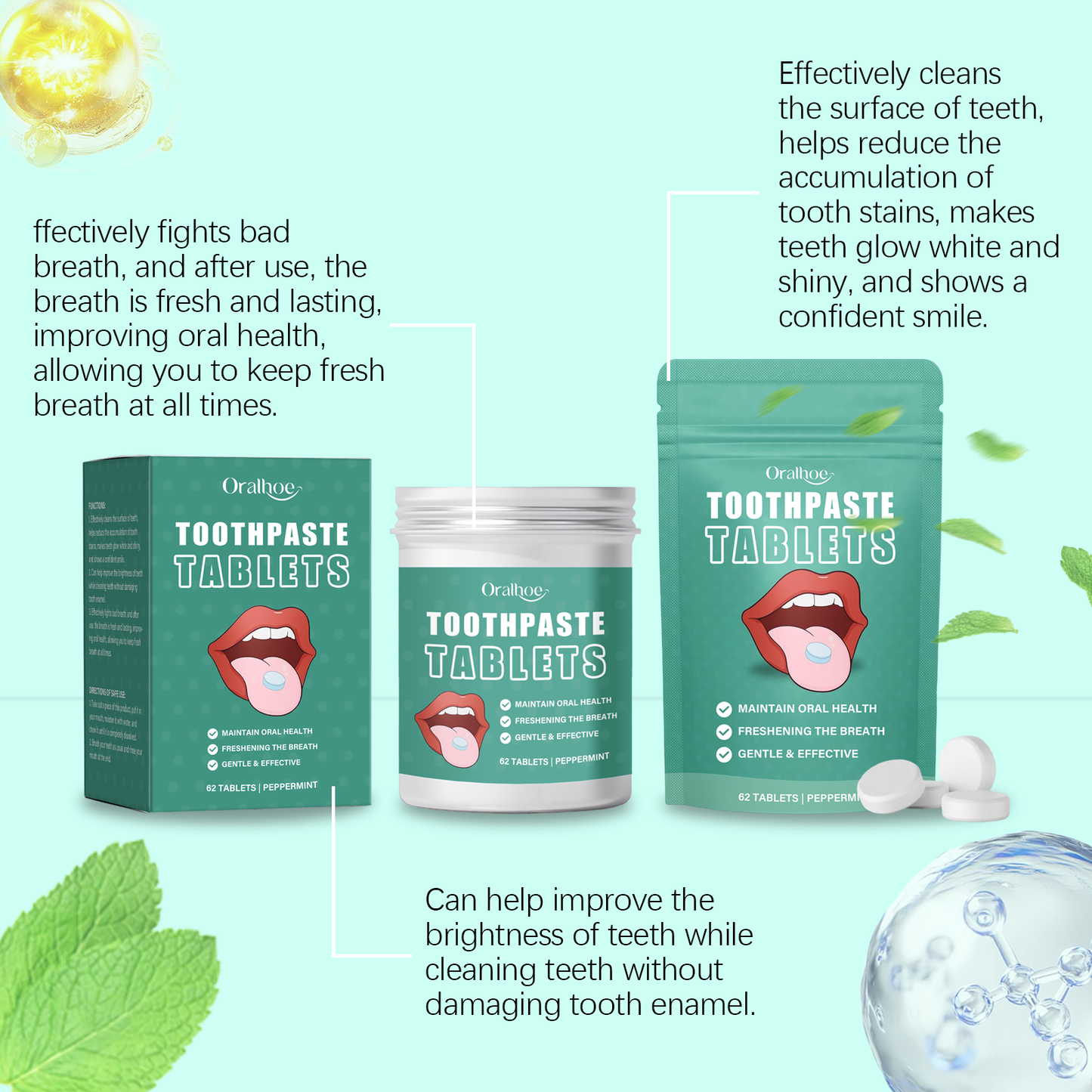 Oralhoe Cleaning toothpaste tablets Convenient, fresh, cleans teeth stains and yellowing, reduces bad odor, provides long-lasting protection