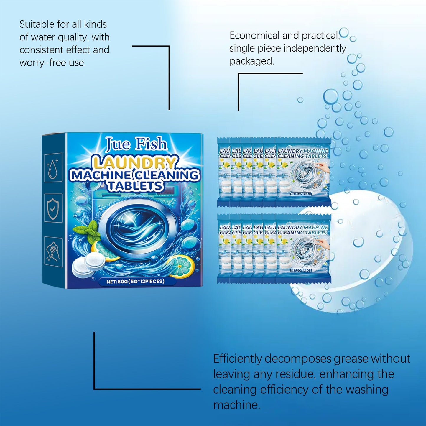 Jue-Fish Washing machine cleaning tablets Washing machine tank stain remover, dirt cleaner, odor eliminator, effervescent tablets