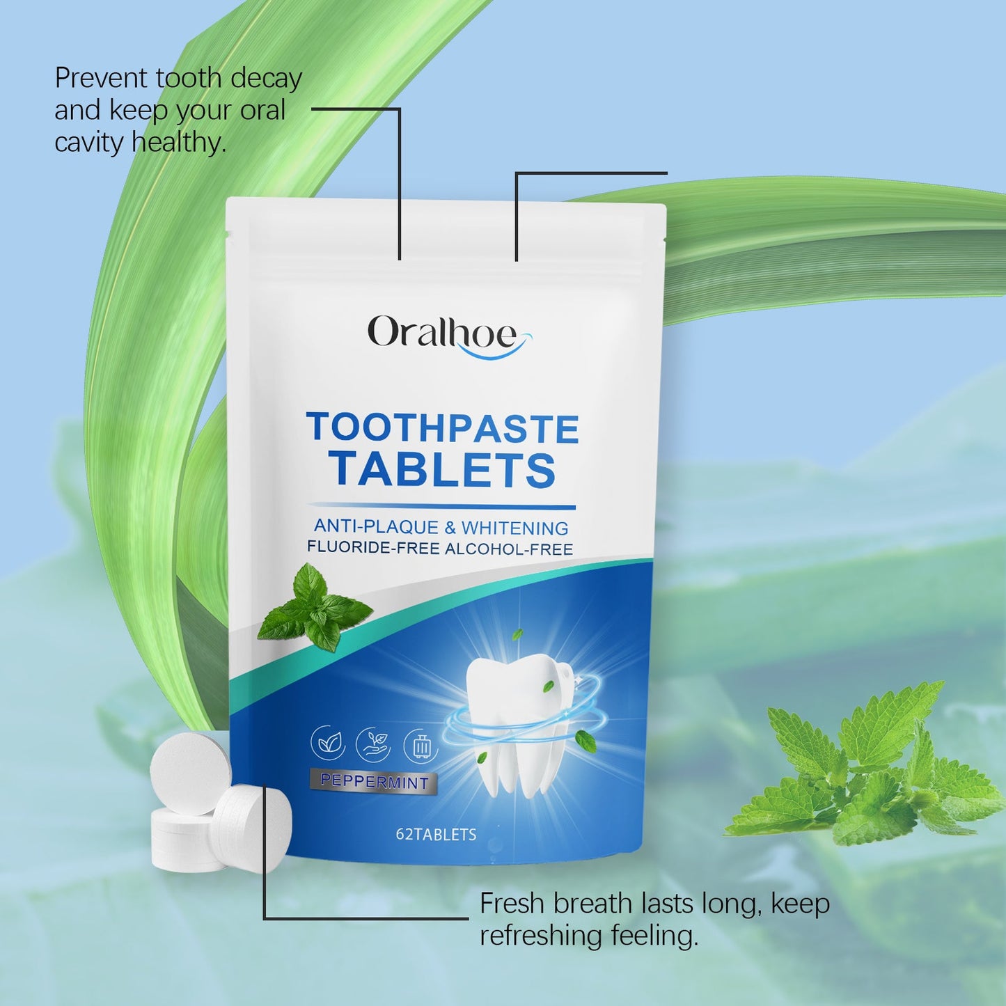 Oralhoe Mint Fresh Toothpaste Tablets Cleans dental stains, yellow teeth, and bad breath, and brightens the tooth surface with care tablets