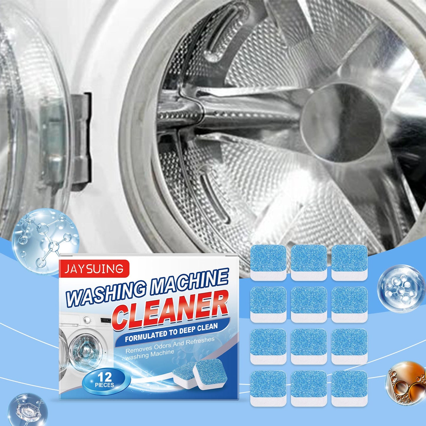 Jaysuing Washing machine stain remover effervescent tablets Washing machine detergent for descaling, stain removal, and odor elimination