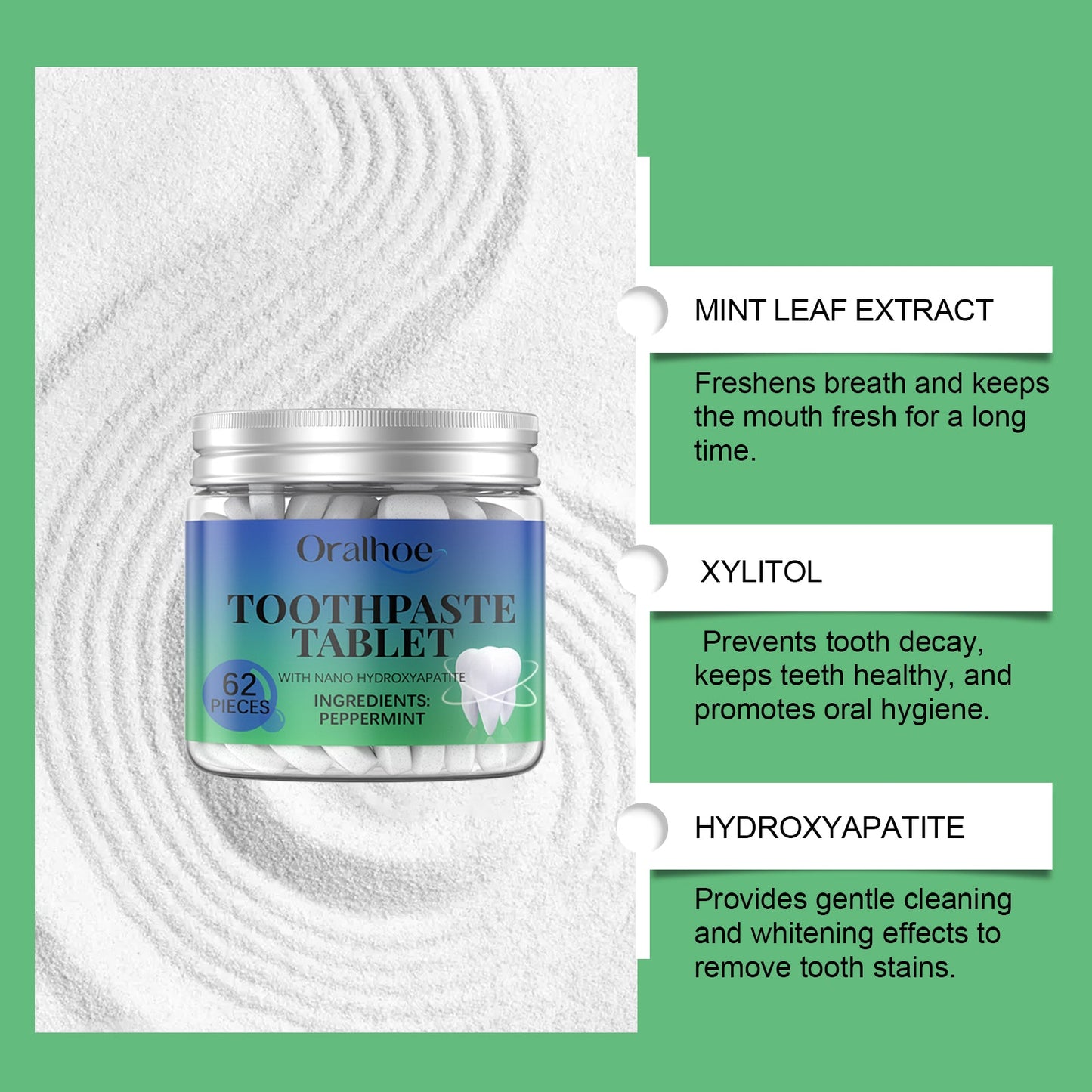 Oralhoe Whitening Toothpaste Tablets Mint tooth cleaning tablets for yellow teeth, tartar, and bad breath