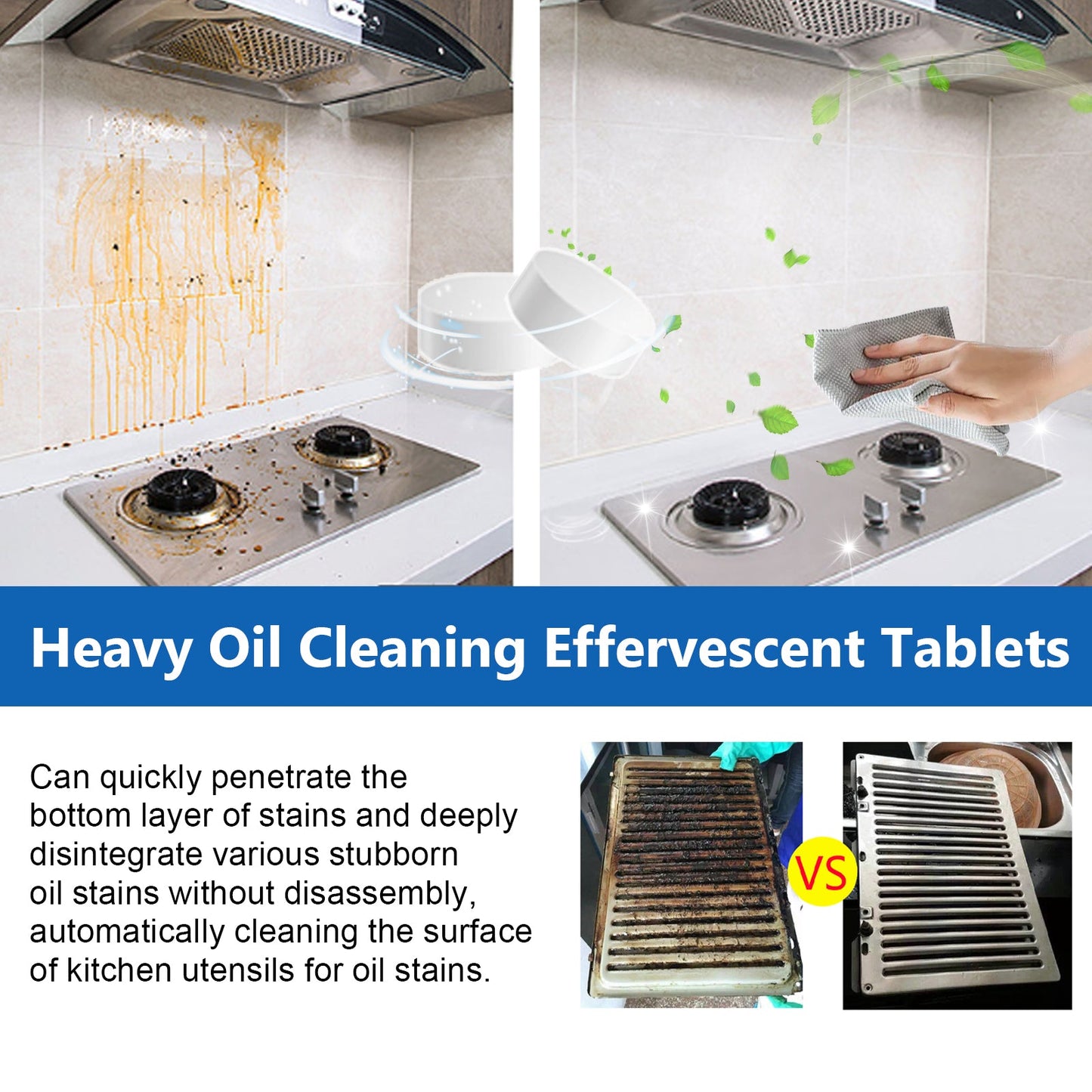 Jue-Fish Kitchen cleaning effervescent tablets Kitchen range hood and stove heavy grease and stain cleaning effervescent tablets