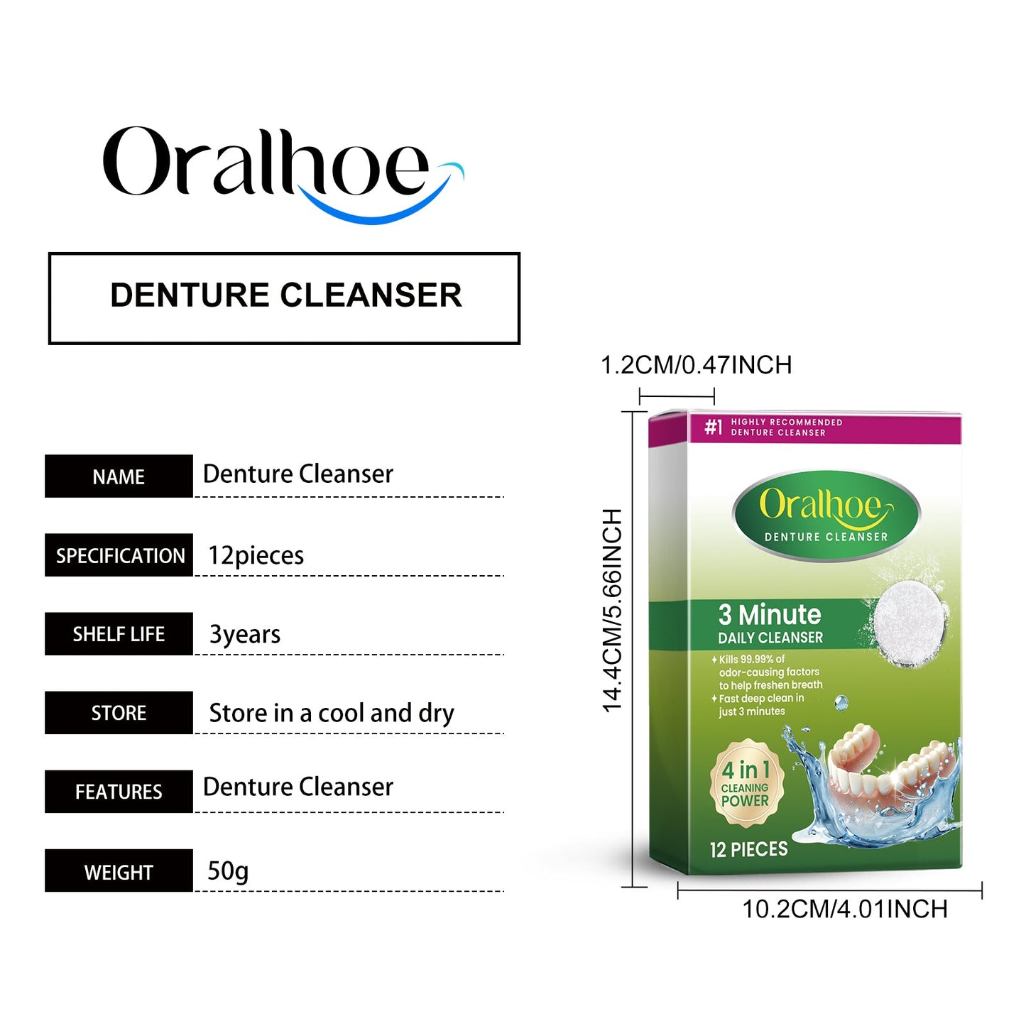 Oralhoe Denture cleaning tablets Hygiene care, cleaning of dental plaque and stains, braces, dentures, dental cleaning tablets