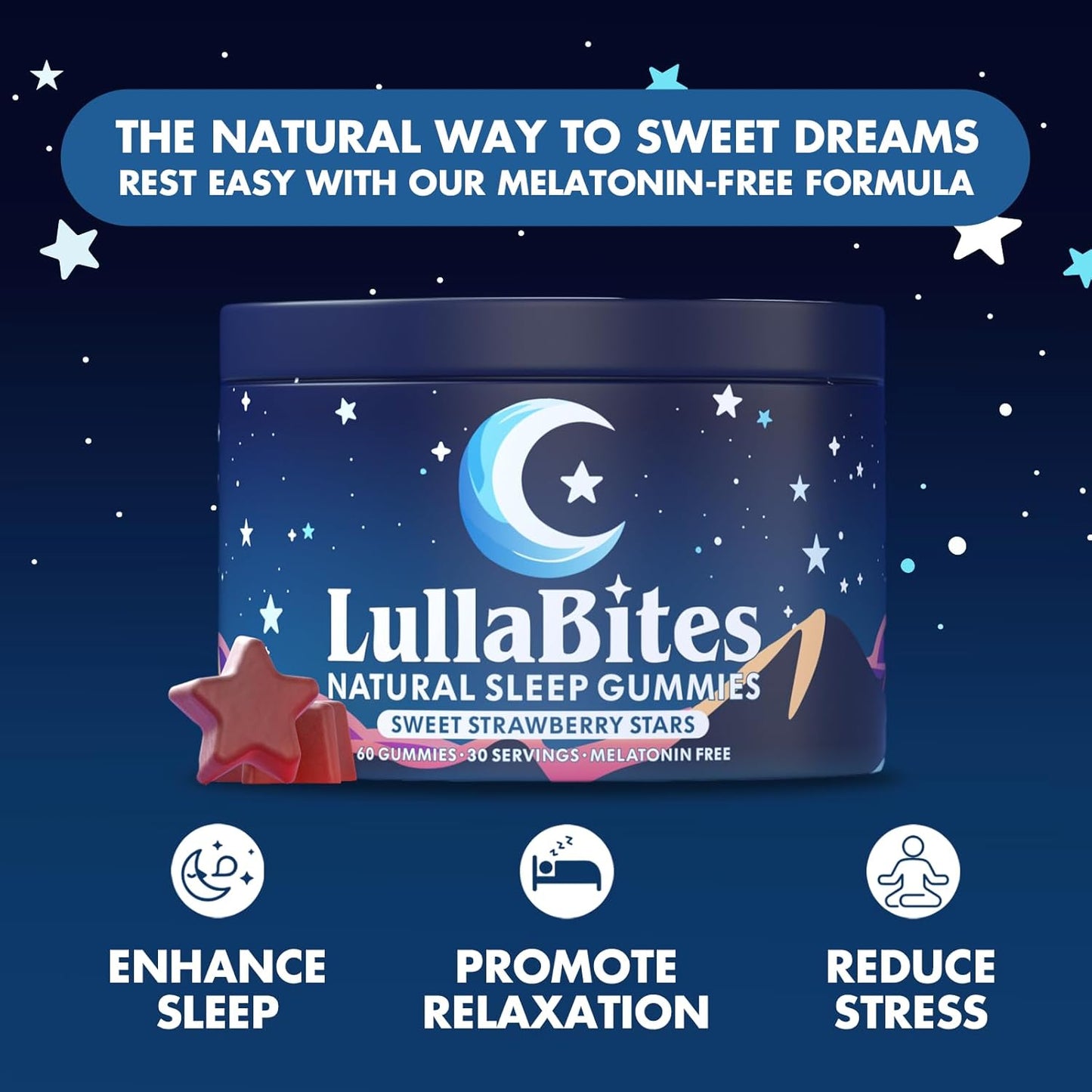 Natural Sleep Gummies - Made in USA - With 5-HTP, L-Theanine, Magnesium & Valerian Root - Melatonin Free - Vegan - Halal - Sugar, Gluten Free - Sweet Strawberry - 60 Gummies - 30 Servings