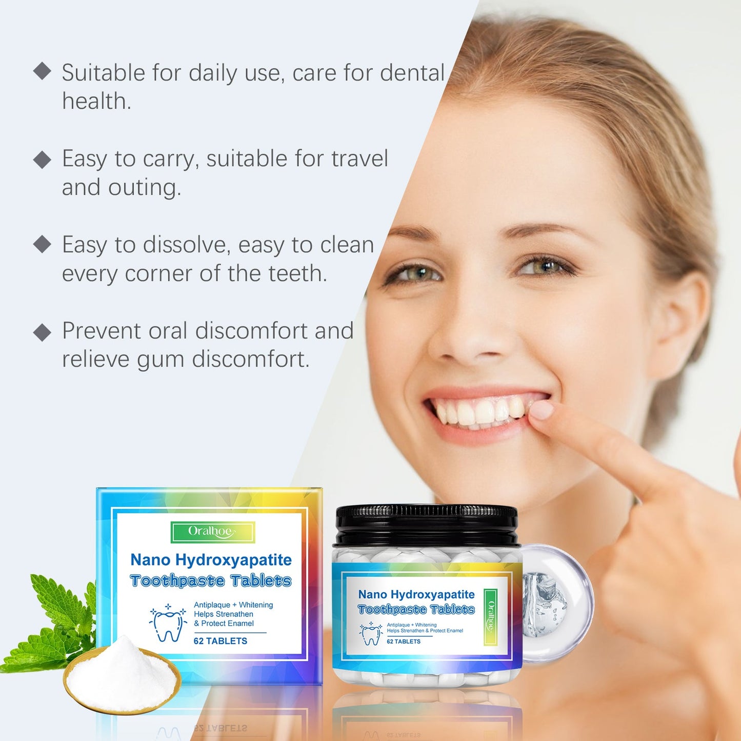 Oralhoe Mint toothpaste tablets Portable cleaning toothpaste tablets for fresh breath, stain removal, and odor elimination
