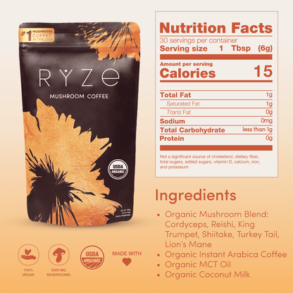 RYZE SUPERFOODS Mushroom Medium Roast Coffee USDA Organic with 6 Adaptogenic Mushrooms, USA Grown Instant Coffee for Better Energy, Focus Digestion Immunity with Lions Mane & Turkey Tail 30 Servings