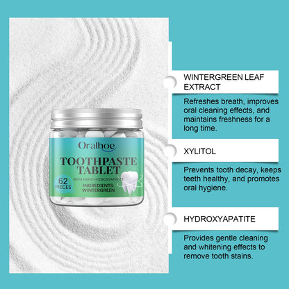 Oralhoe Whitening Toothpaste Tablets Wintergreen dental cleaning care for a radiant smile, teeth cleaning, oral protection, and fresh breath