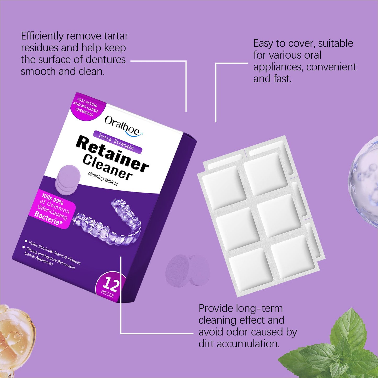 Oralhoe Purple Denture Retainer Cleaning Tablets Cleans stains, dental plaque buildup, and braces odor with cleaning tablets