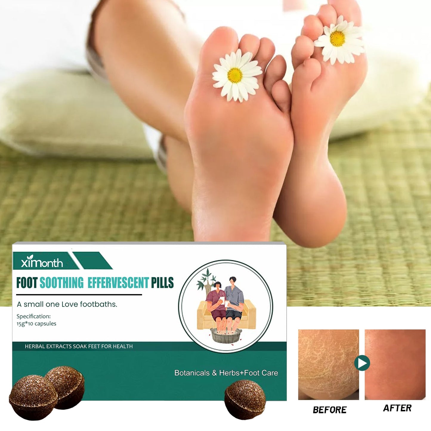 Ximonth Foot Soaking Tablets Relieves physical discomfort, cleanses the feet, provides comfort to the soles, and contains gentle ingredients in the form of effervescent tablets