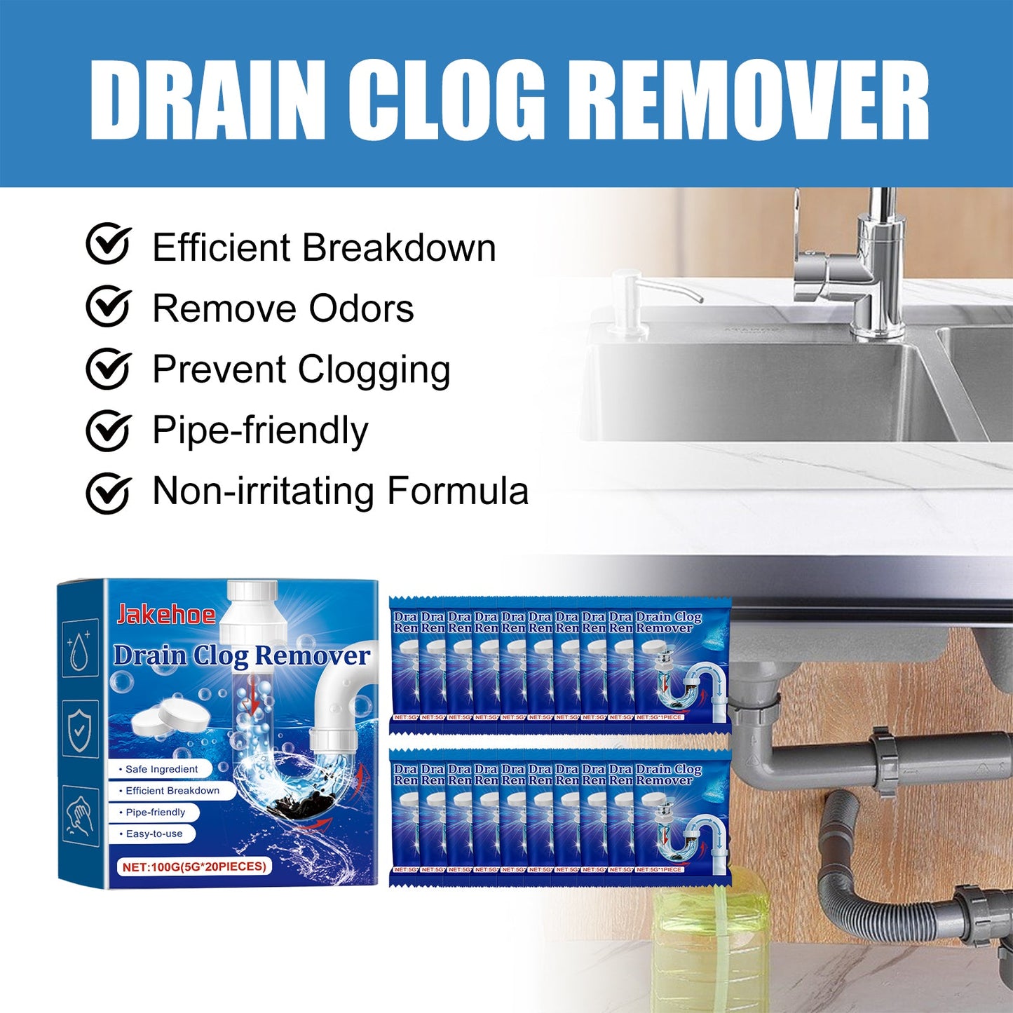 Jakehoe Drain Cleaner Effervescent Tablets（Boxed） Toilet floor drain, drainage pipe, sewer unclogging and anti-clogging cleaning
