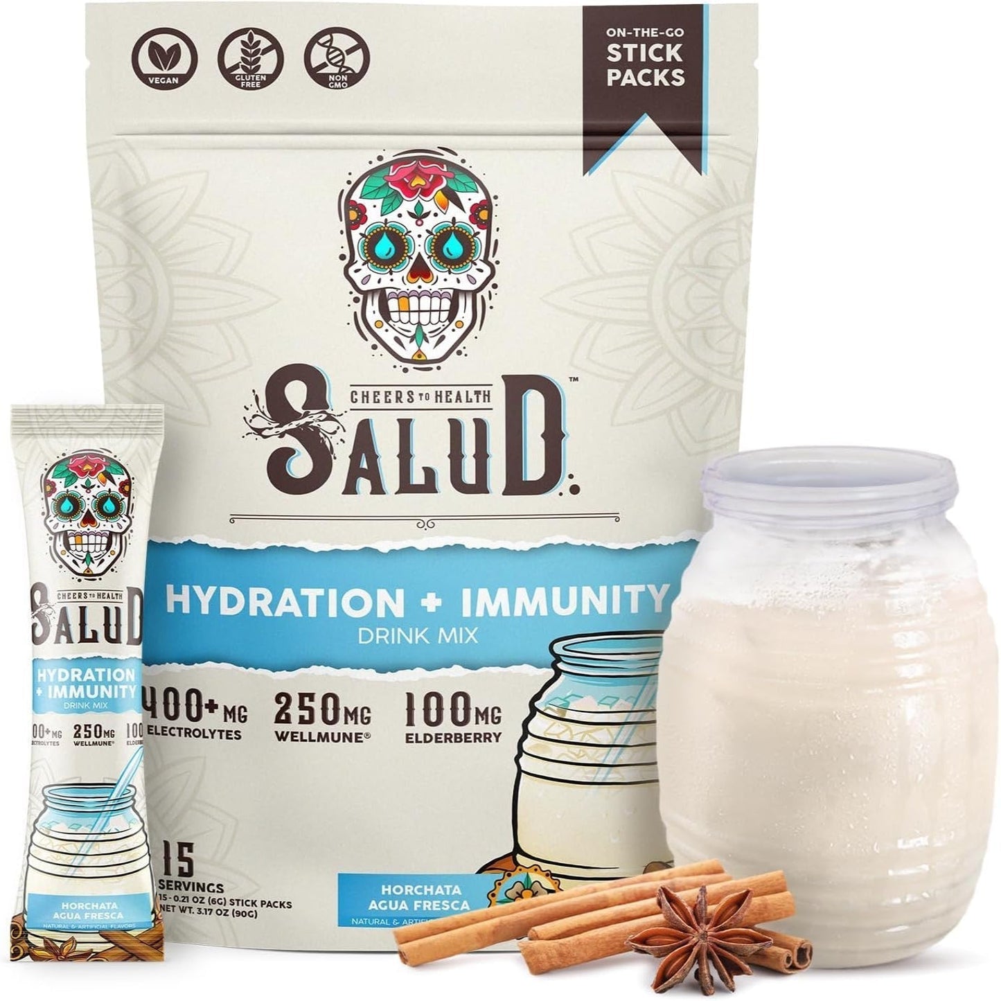 2-in-1 Hydration Packets + Immunity Electrolytes Powder, Dairy & Soy Free, Non-GMO, Gluten Free, Vegan, Low Calorie, 1g Sugar (15 Servings Horchata)