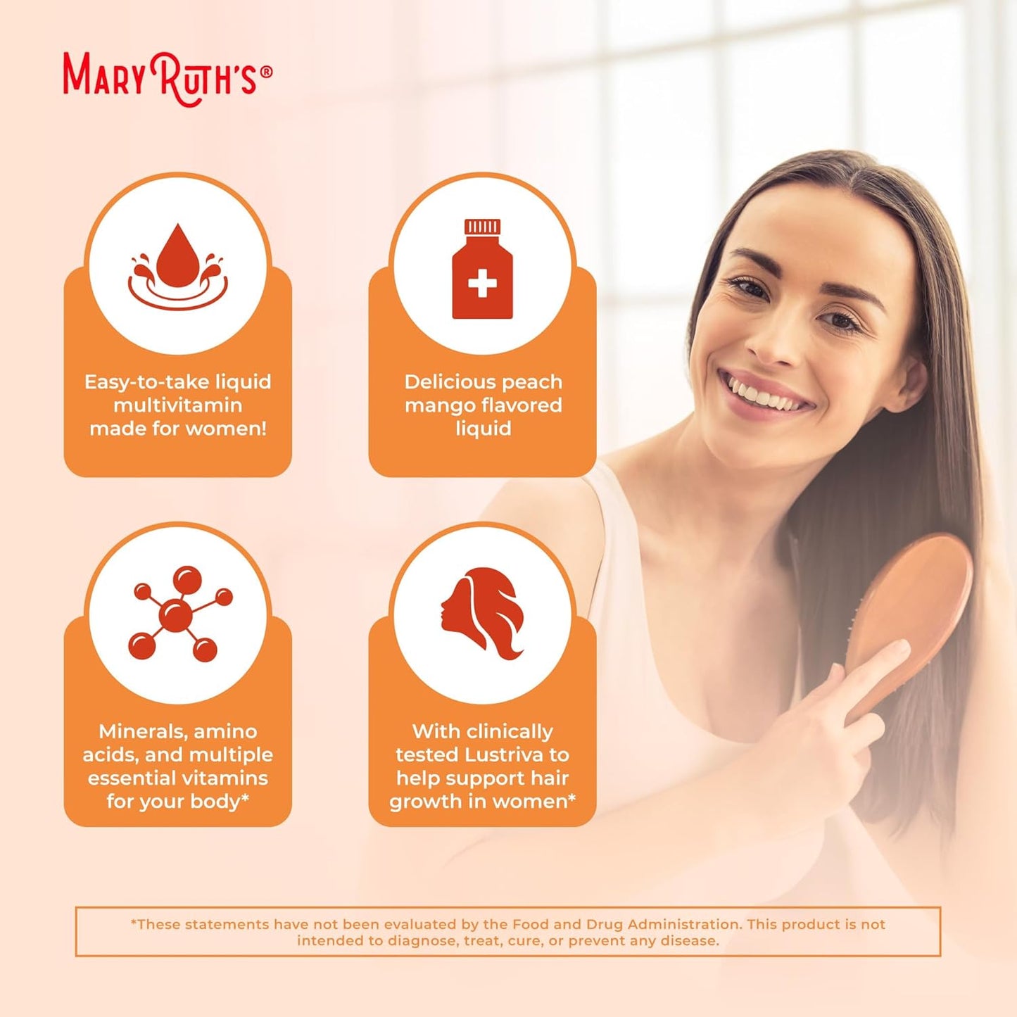 Liquid Multivitamin+Hair Growth | Clinically Tested for Thicker Hair & Facial Wrinkles in Women |  Lustriva Hair Growth Supplement | Peach Mango 30 Fl Oz