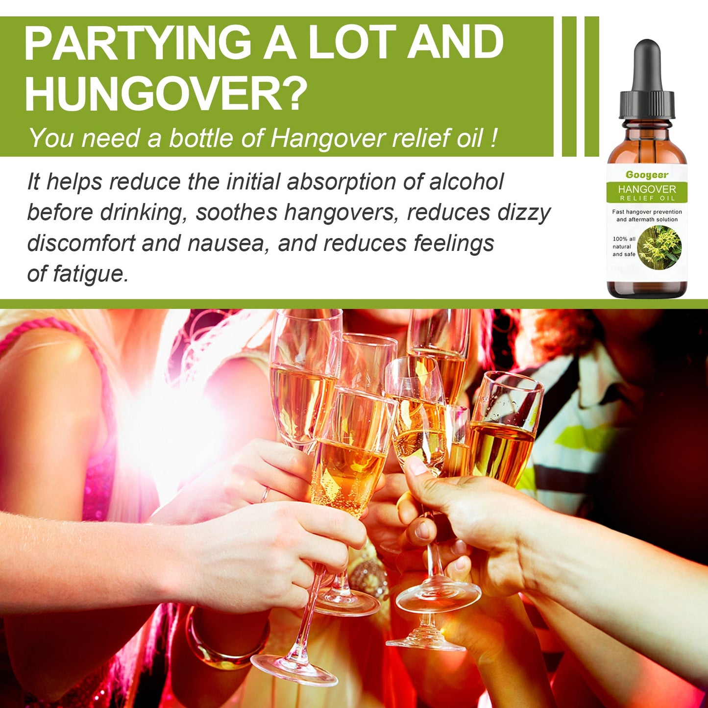 Googeer Anti-Hangover Oil Relieves hangover nausea, fatigue, dizziness, and body discomfort after drinking at parties and gatherings