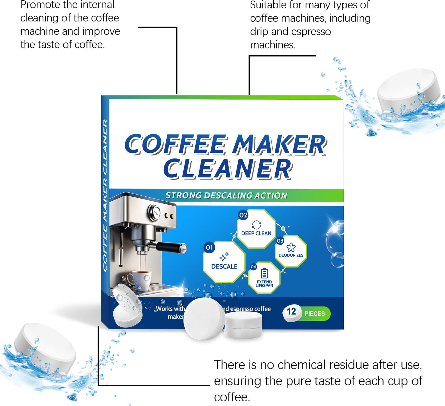 AMZ Coffee machine cleaning tablets Daily gentle cleaning of stains and scale, portable universal coffee machine cleaning and maintenance tablets