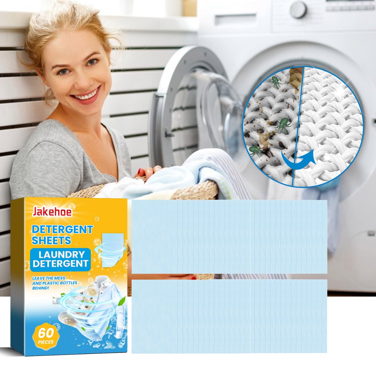 Jakehoe Laundry tablets Deeply cleans clothes, protects fabrics, prevents color bleeding, removes odors, and provides a long-lasting fresh scent with laundry sheets