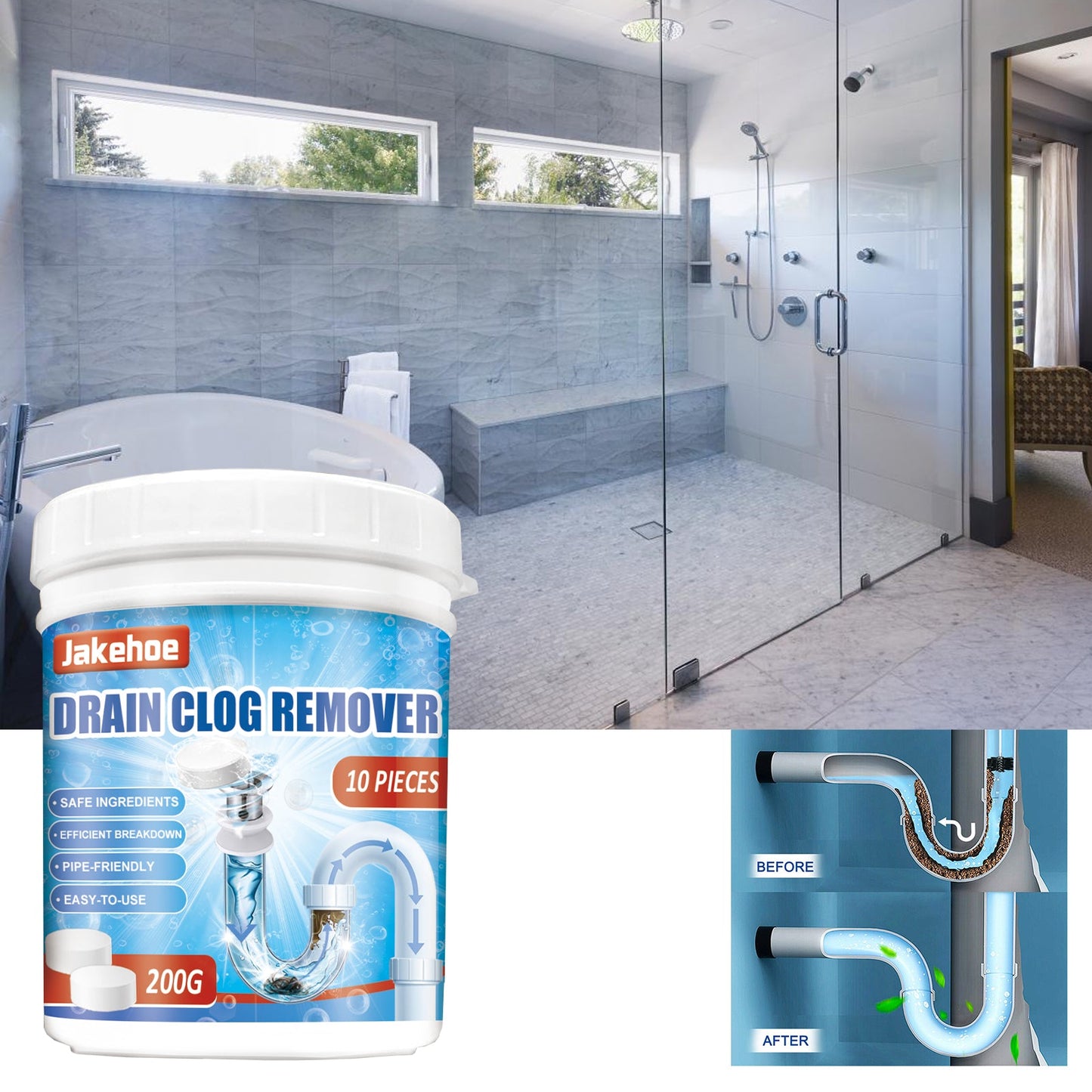 Jakehoe Drain Cleaning Tablets Kitchen and toilet drain pipes are clogged; cleaning, unclogging, and eliminating odors