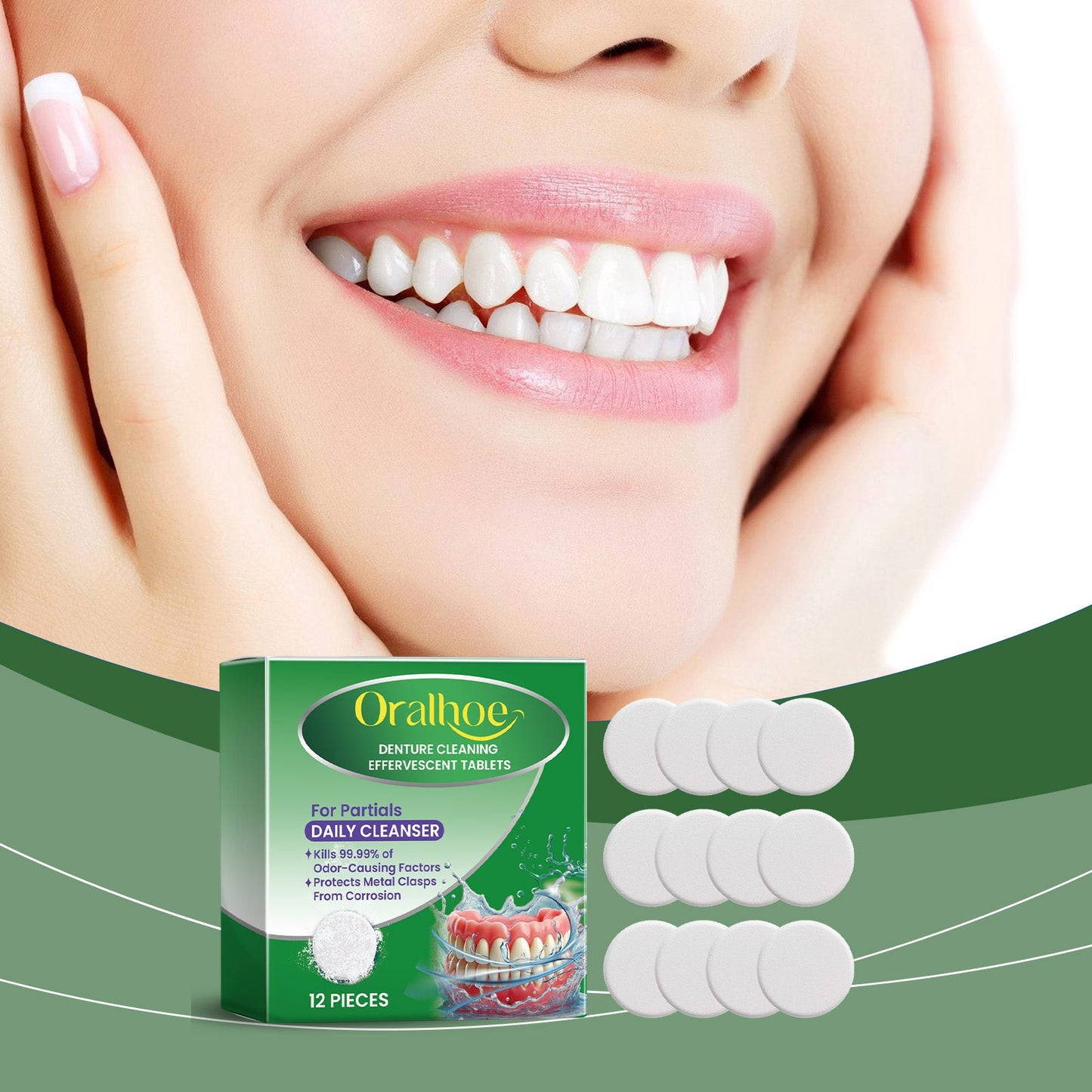 Oralhoe Denture cleaning tablets Cleaning and care, freshening, removing tooth stains, gentle care for braces and dentures, cleaning tablets
