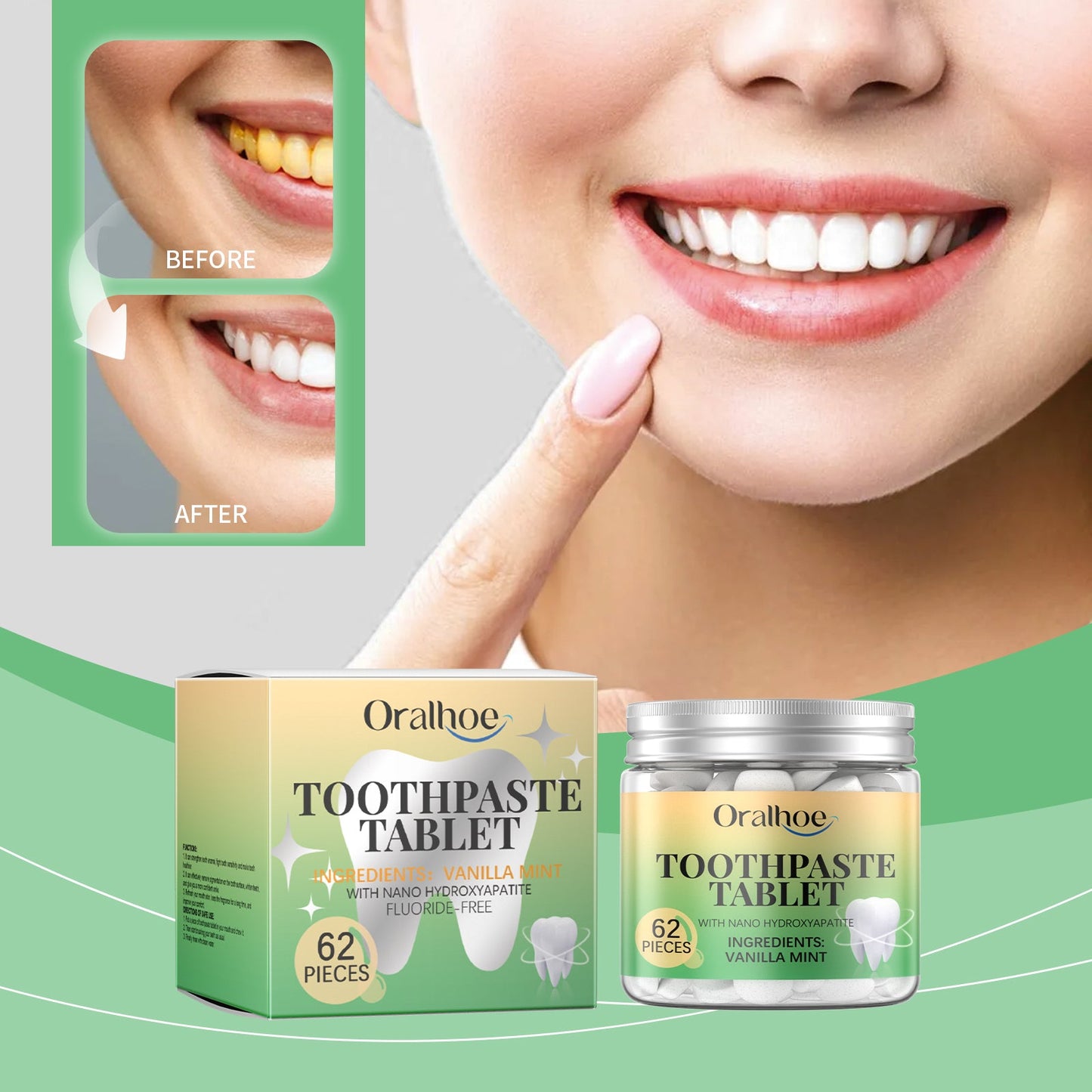 Oralhoe Vanilla Mint Toothpaste Tablets Cleans dental stains, protects oral health, freshens breath, portable dental cleaning tablets