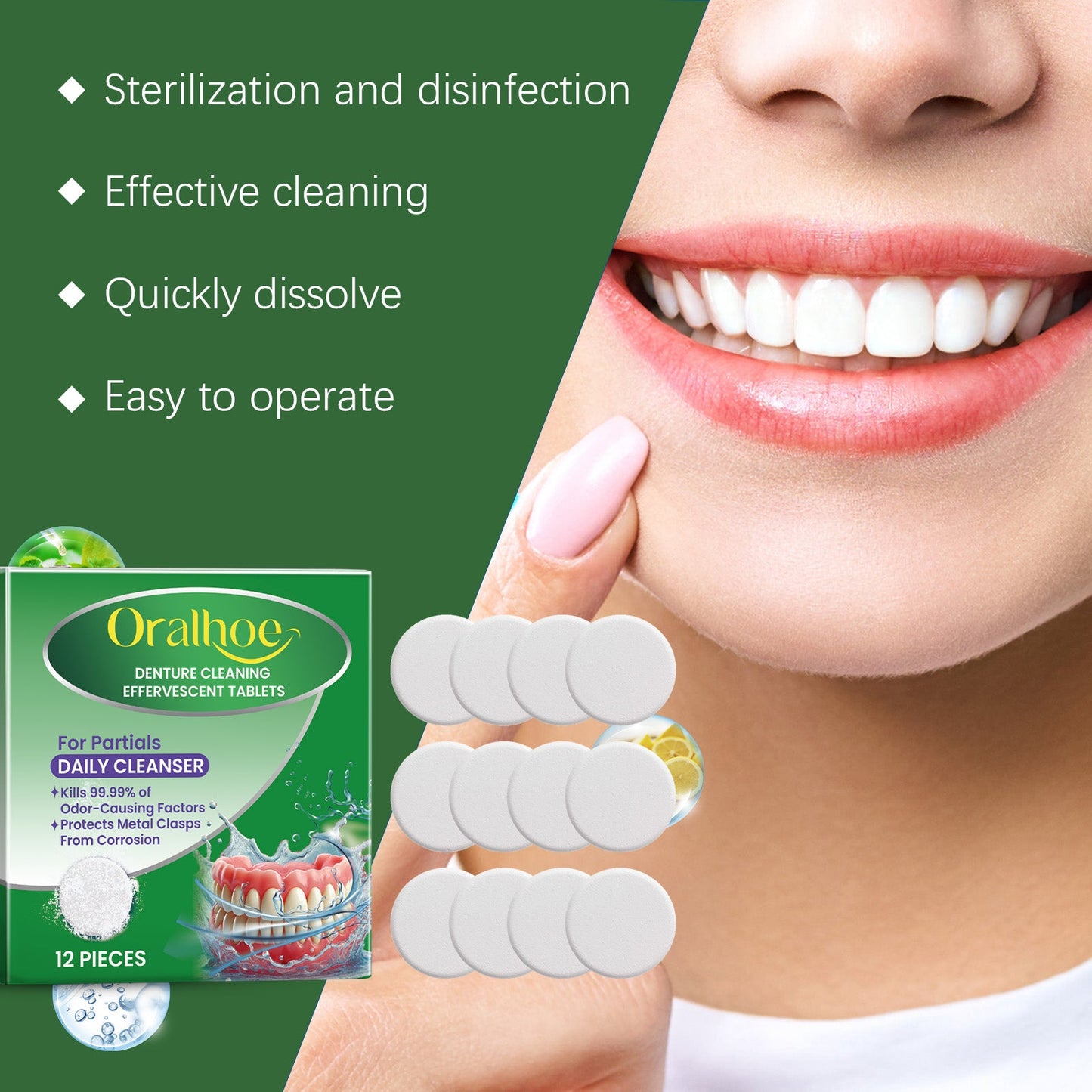 Oralhoe Denture cleaning tablets Cleaning and care, freshening, removing tooth stains, gentle care for braces and dentures, cleaning tablets