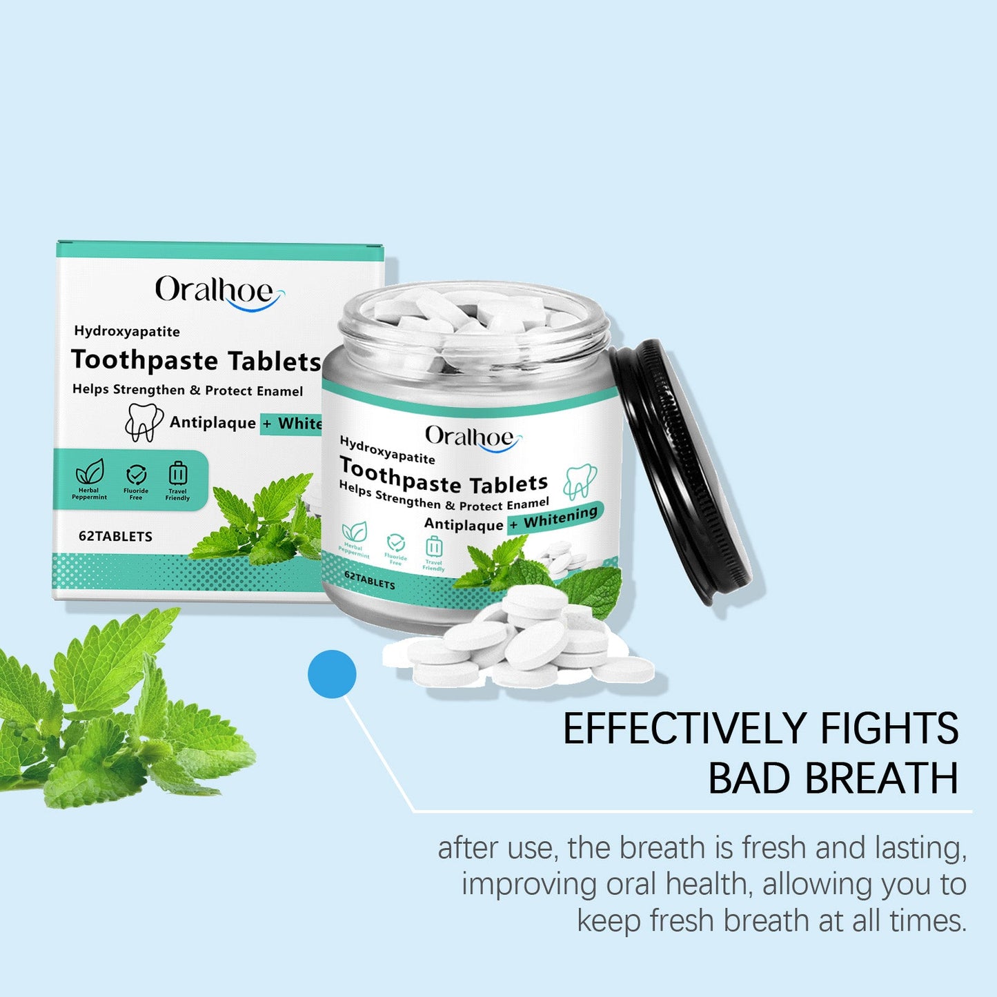 Oralhoe Mint Whitening Toothpaste Tablets Oral odor remover, breath freshener, portable toothpaste chewable tablets
