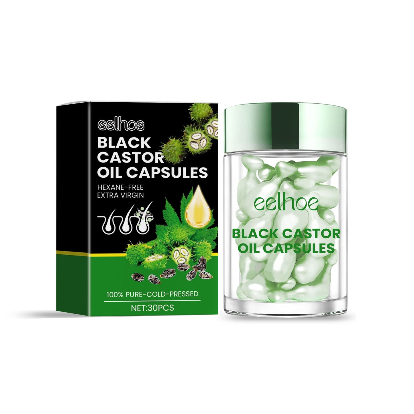 eelhoe Castor Oil Hair Thickening Capsules Repair hair damage, nourish, smooth, shine and strengthen hair, hair care capsules