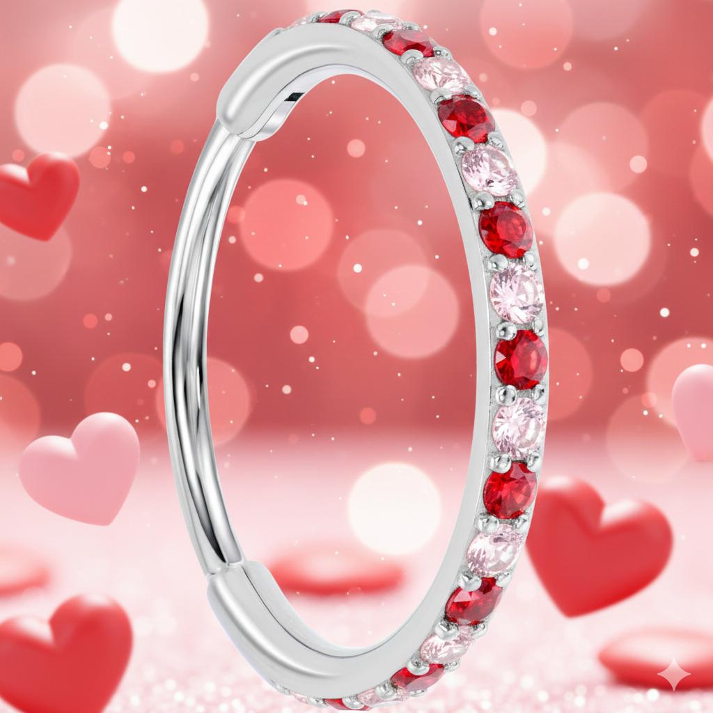 20G Micro Gem Titanium Hinged Nose Hoop - Pink Red Nose Ring