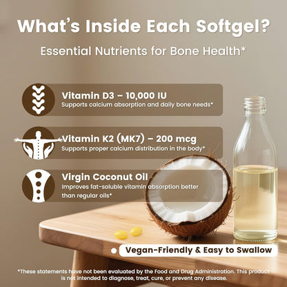 High-Potency Vitamin D3 K2 MK-7 | Complete Bone & Cardiovascular Support in Coconut Oil | 300 Softgels, Easy to Swallow