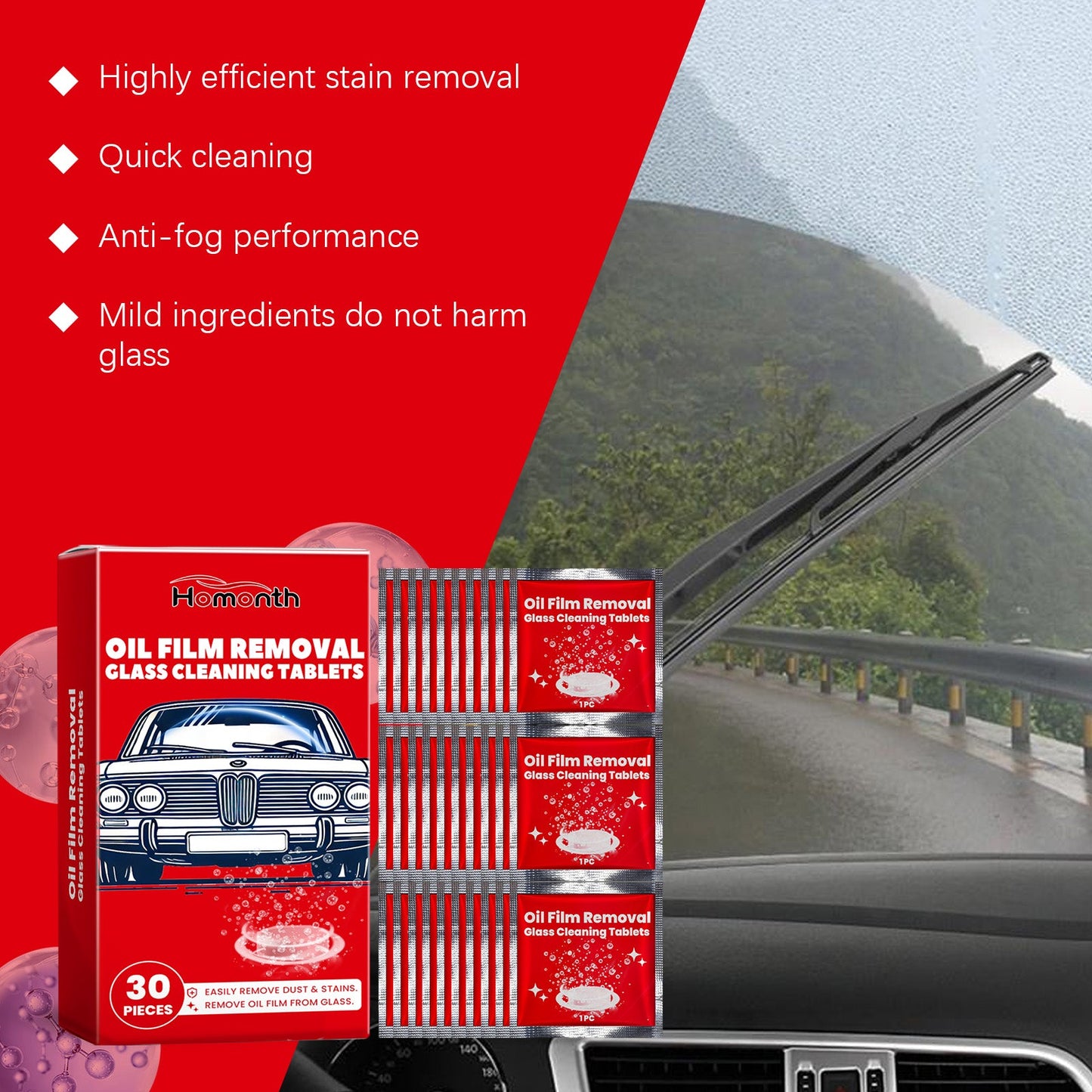 Homonth Car oil film cleaning tablets Car oil film cleaner for window glass, anti-rain and anti-fog cleaning tablets