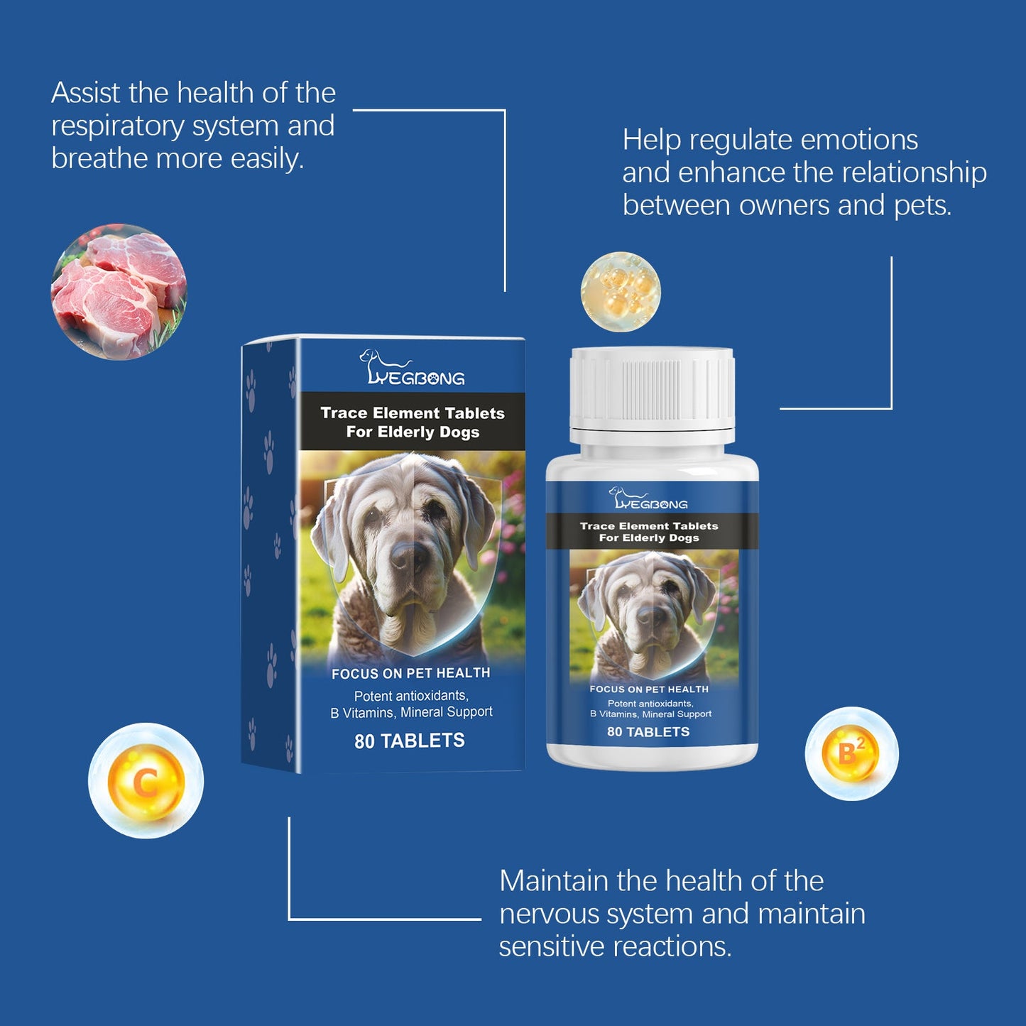 Yegbong Trace element tablets for elderly dogs Nerve-stimulating calcium supplement for overall health and care for elderly dogs