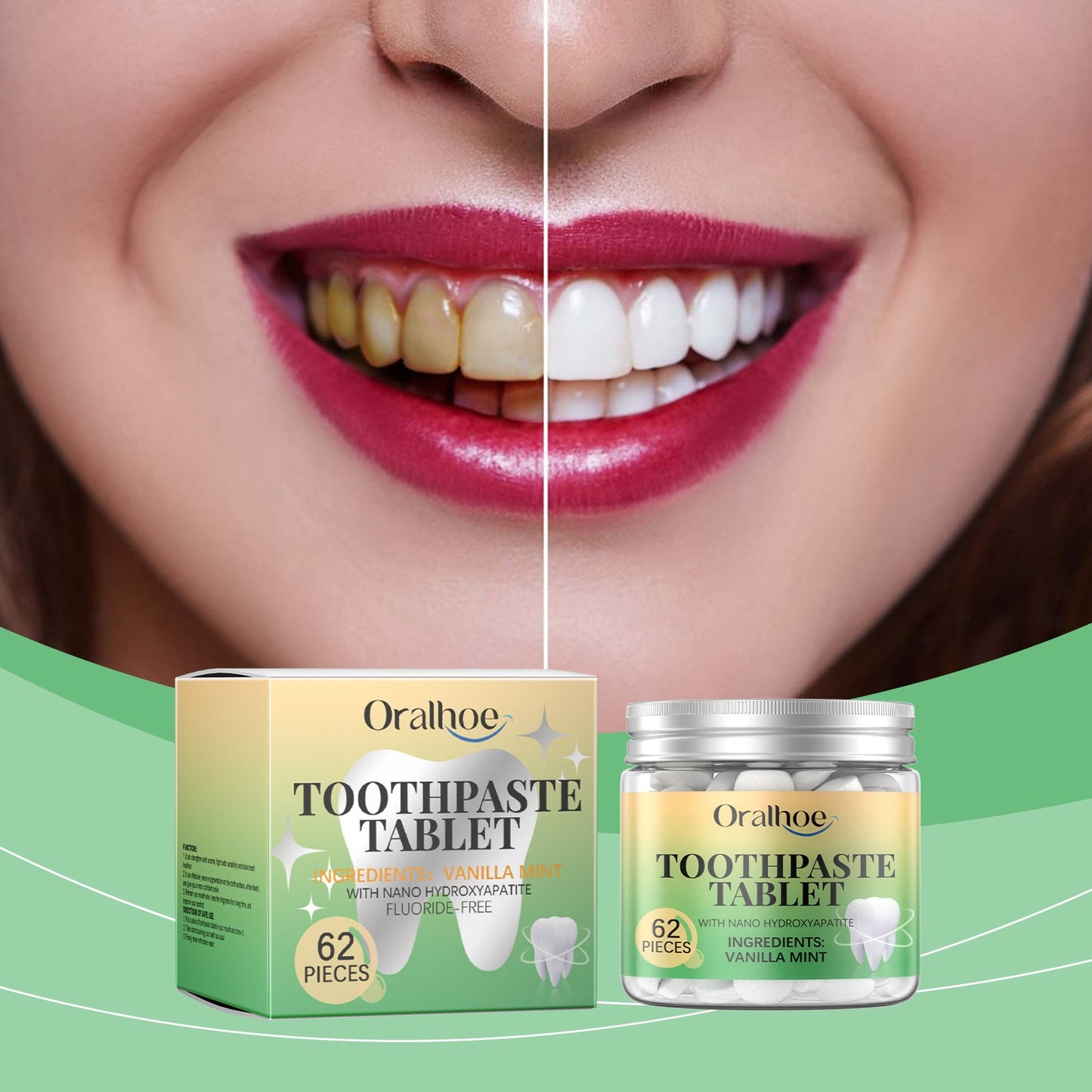 Oralhoe Vanilla Mint Toothpaste Tablets Cleans dental stains, protects oral health, freshens breath, portable dental cleaning tablets