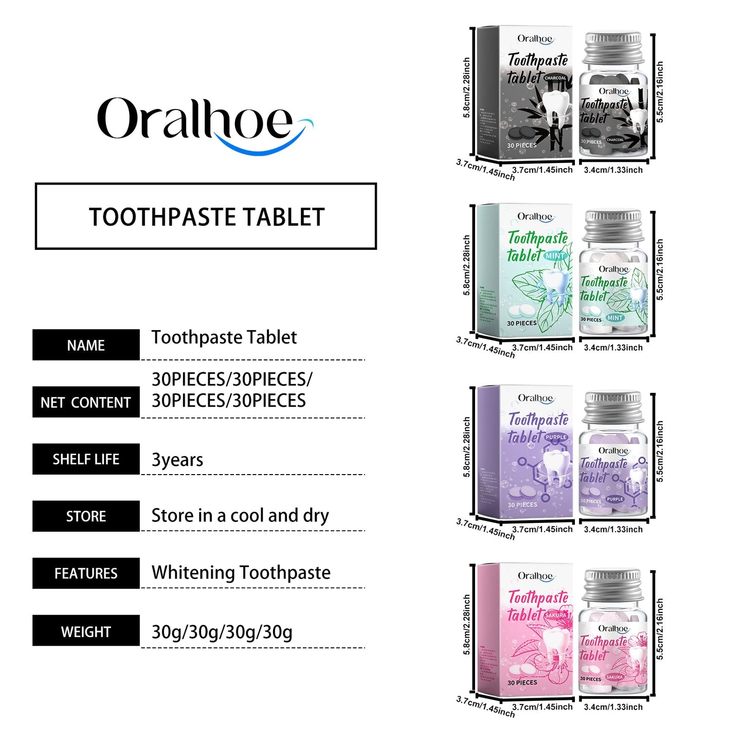 Oralhoe Solid toothpaste tablets Deep teeth cleaning, oral care, yellow stain removal, portable toothpaste tablets
