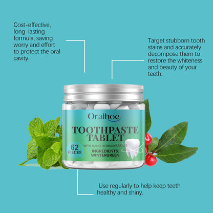 Oralhoe Whitening Toothpaste Tablets Wintergreen dental cleaning care for a radiant smile, teeth cleaning, oral protection, and fresh breath