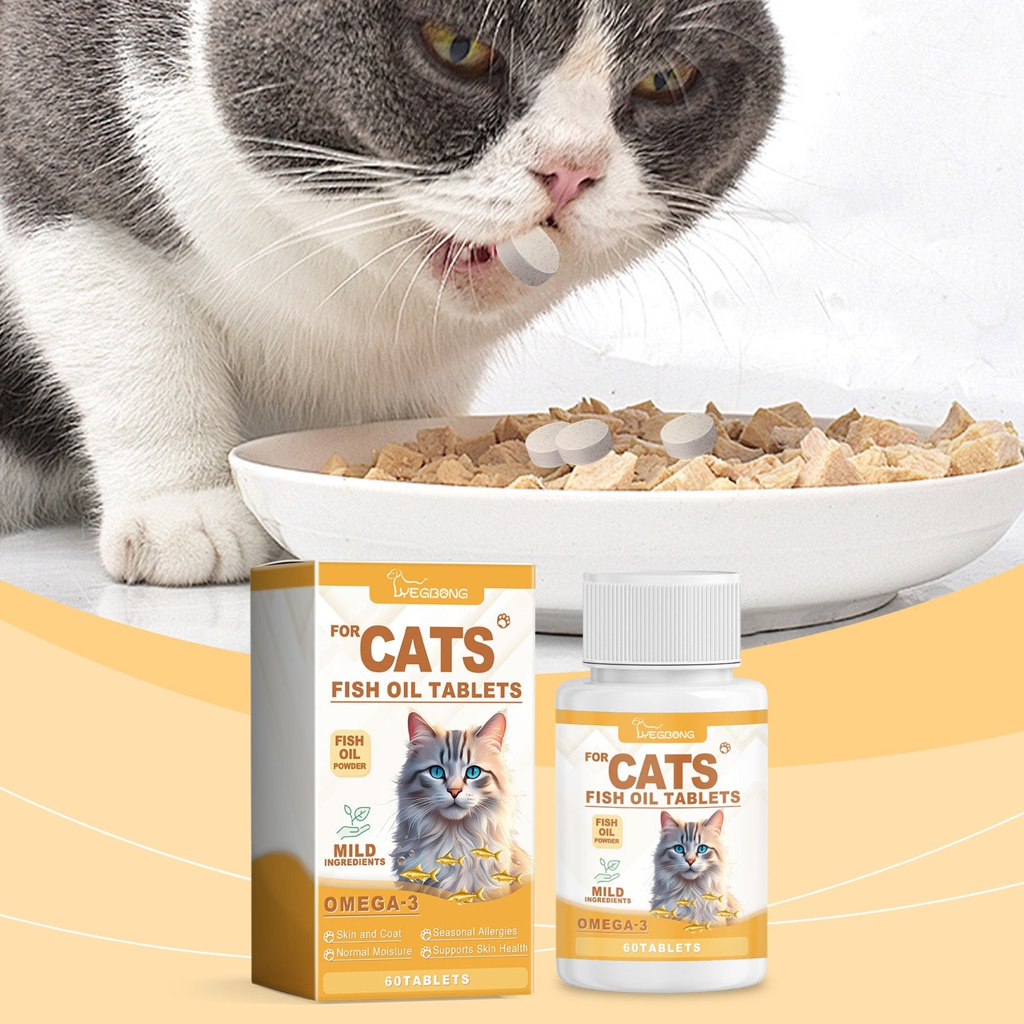 Yegbong Multivitamin Fish Oil Tablets for Cats Cat Care Vitamin Moisturizing Skin Fish Oil Supplement Tablets