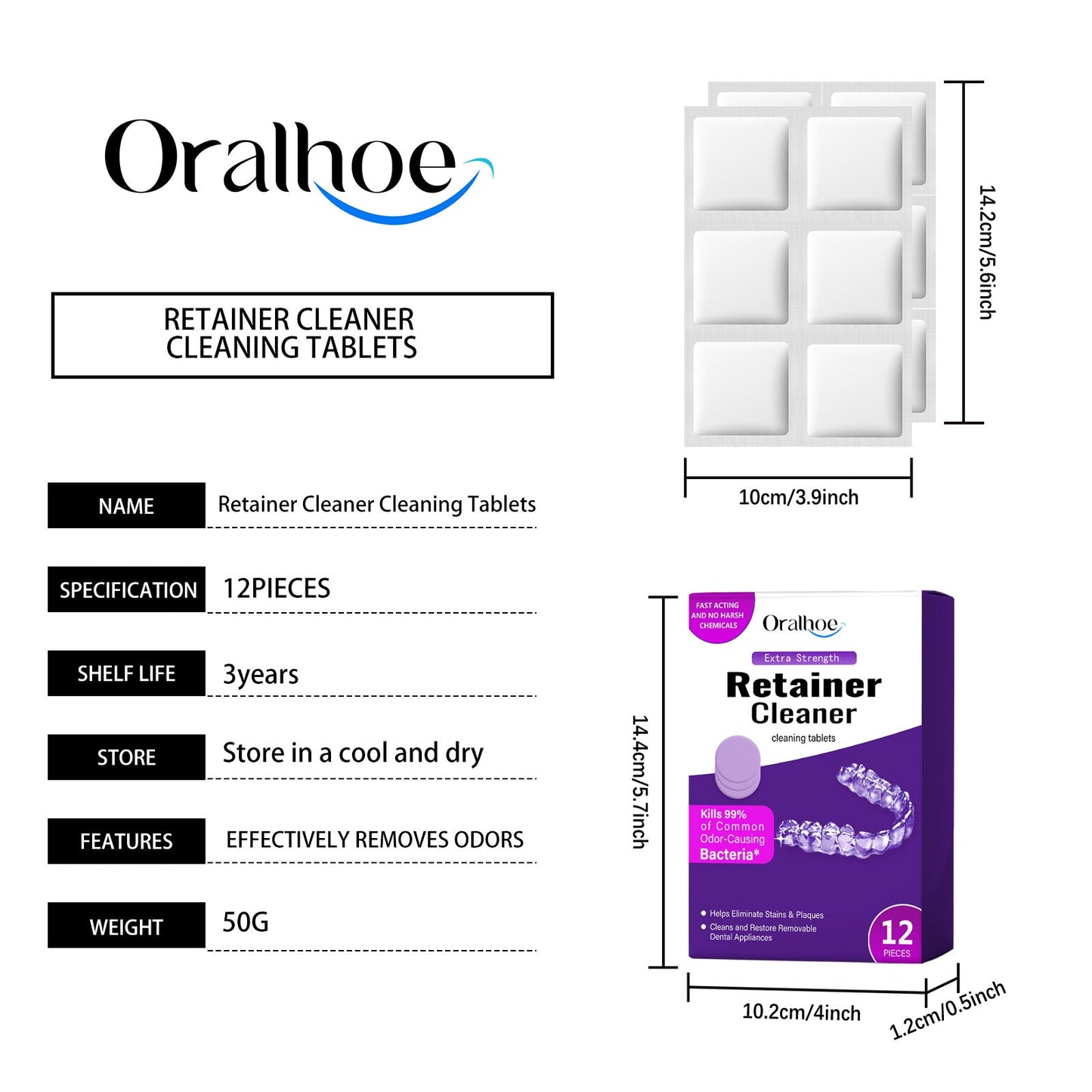 Oralhoe Purple Denture Retainer Cleaning Tablets Cleans stains, dental plaque buildup, and braces odor with cleaning tablets