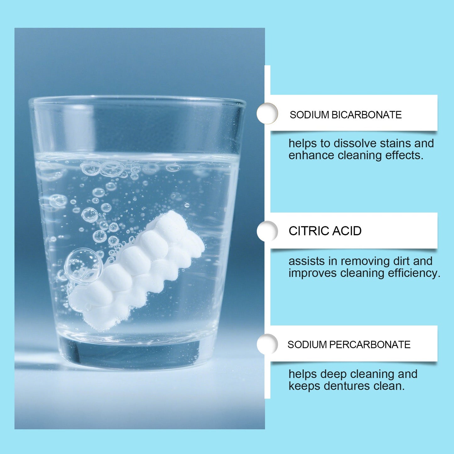 Oralhoe Denture cleaning effervescent tablets Cleans corner impurities, maintains comfort of wear, and provides dental hygiene care