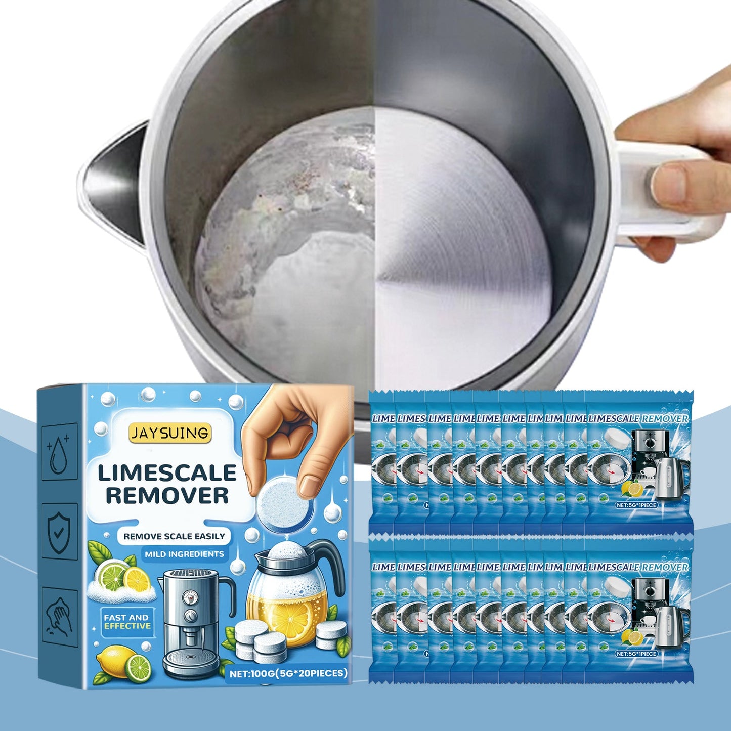 Jaysuing Multi-purpose descaling effervescent tablets Descaling tablets for electric kettles, water scale cleaning and descaling tablets
