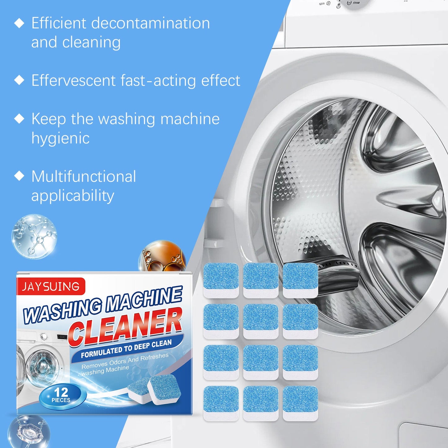 Jaysuing Washing machine stain remover effervescent tablets Washing machine detergent for descaling, stain removal, and odor elimination