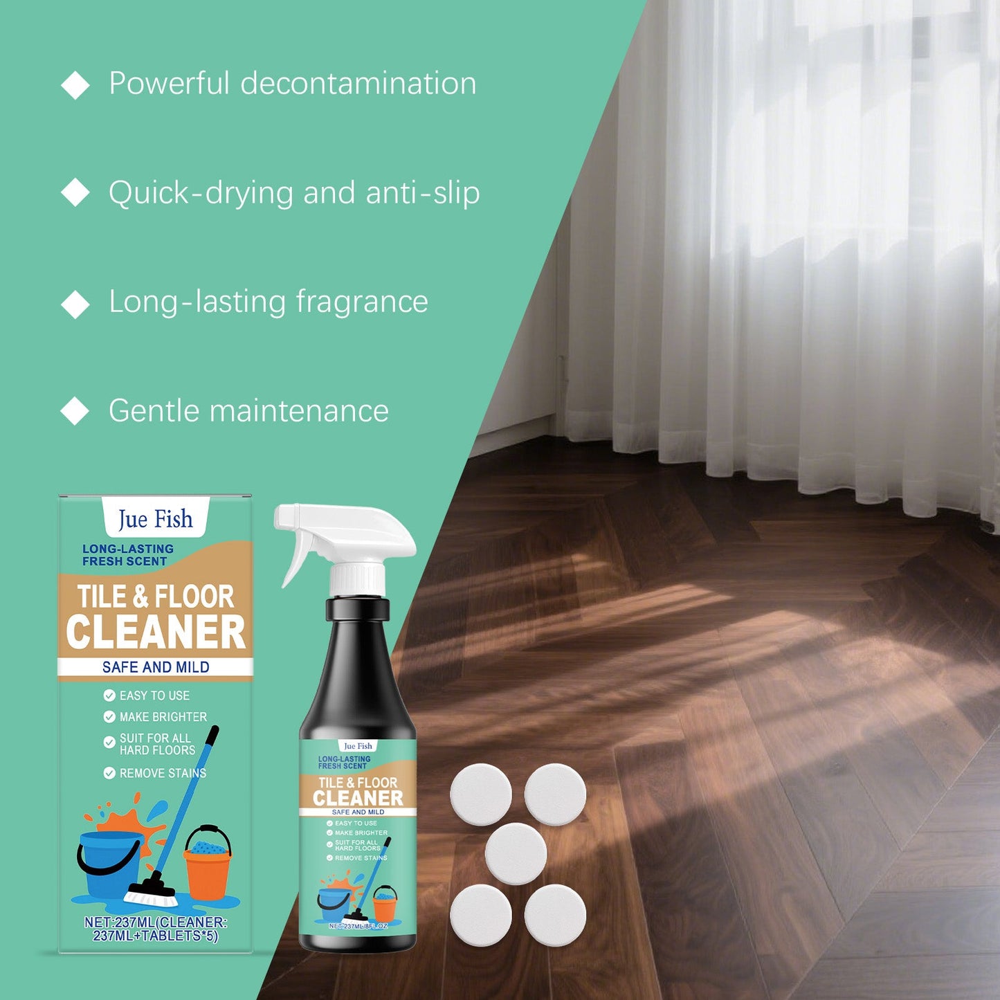 Jue Fish Floor Cleaner Stain-removing and brightening gentle formula household floor shine maintenance cleaner