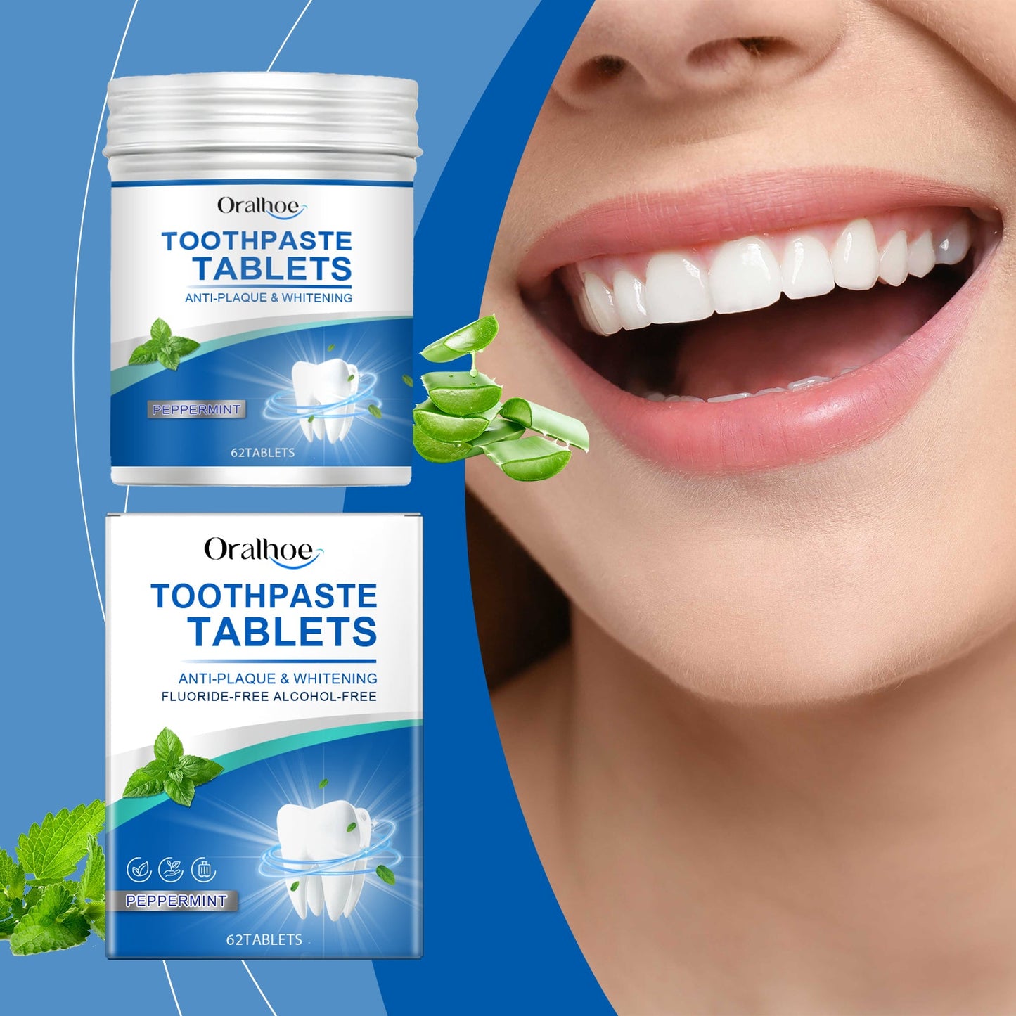 Oralhoe Mint cleaning toothpaste tablets Gently cleans teeth, removes stains and yellowing, freshens the mouth, and provides dental care