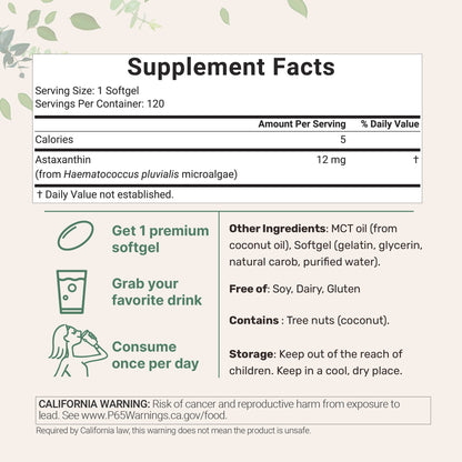 Micro Ingredients Astaxanthin 12mg, 120 softgels, tanning pills, Strength Carotenoids Skin Supplement w. 100% Natural Astaxanthin from MicroAlgae