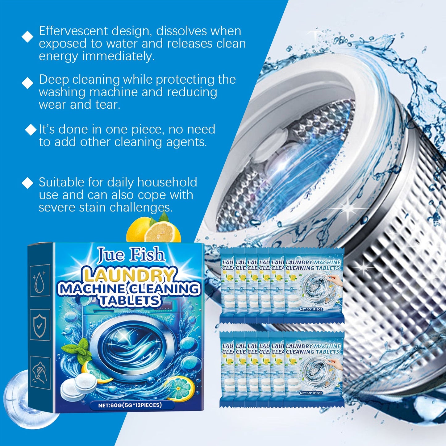 Jue-Fish Washing machine cleaning tablets Washing machine tank stain remover, dirt cleaner, odor eliminator, effervescent tablets