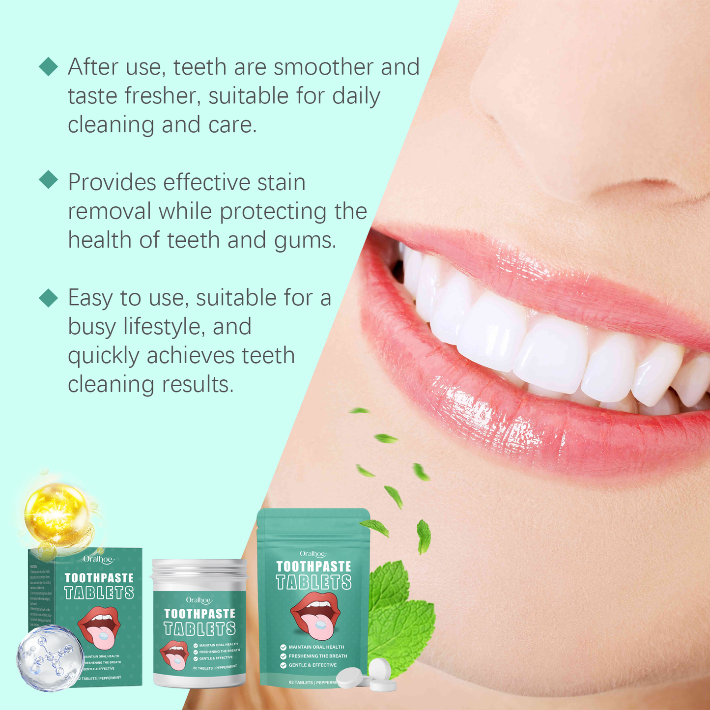 Oralhoe Cleaning toothpaste tablets Convenient, fresh, cleans teeth stains and yellowing, reduces bad odor, provides long-lasting protection