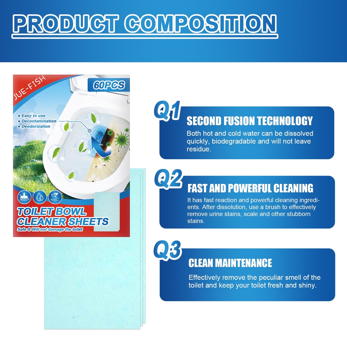 Jue-Fish Toilet cleaning tablets Toilet deodorizing and descaling tablets for removing urine stains and cleaning toilet drains