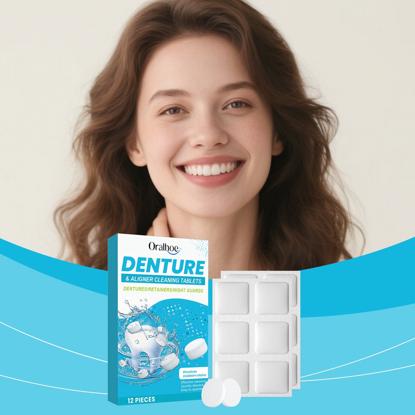Oralhoe Denture cleaning effervescent tablets Cleans corner impurities, maintains comfort of wear, and provides dental hygiene care